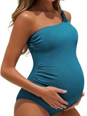 Maternity One-Shoulder Teal Swim Tank by